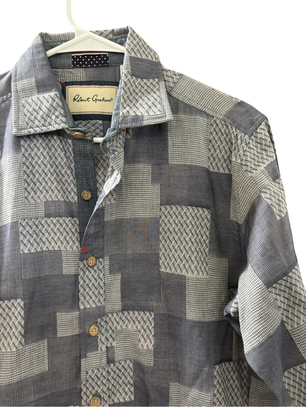 Robert Graham Men's Patchwork-Pattern Gray Button-Down Shirt Size Small